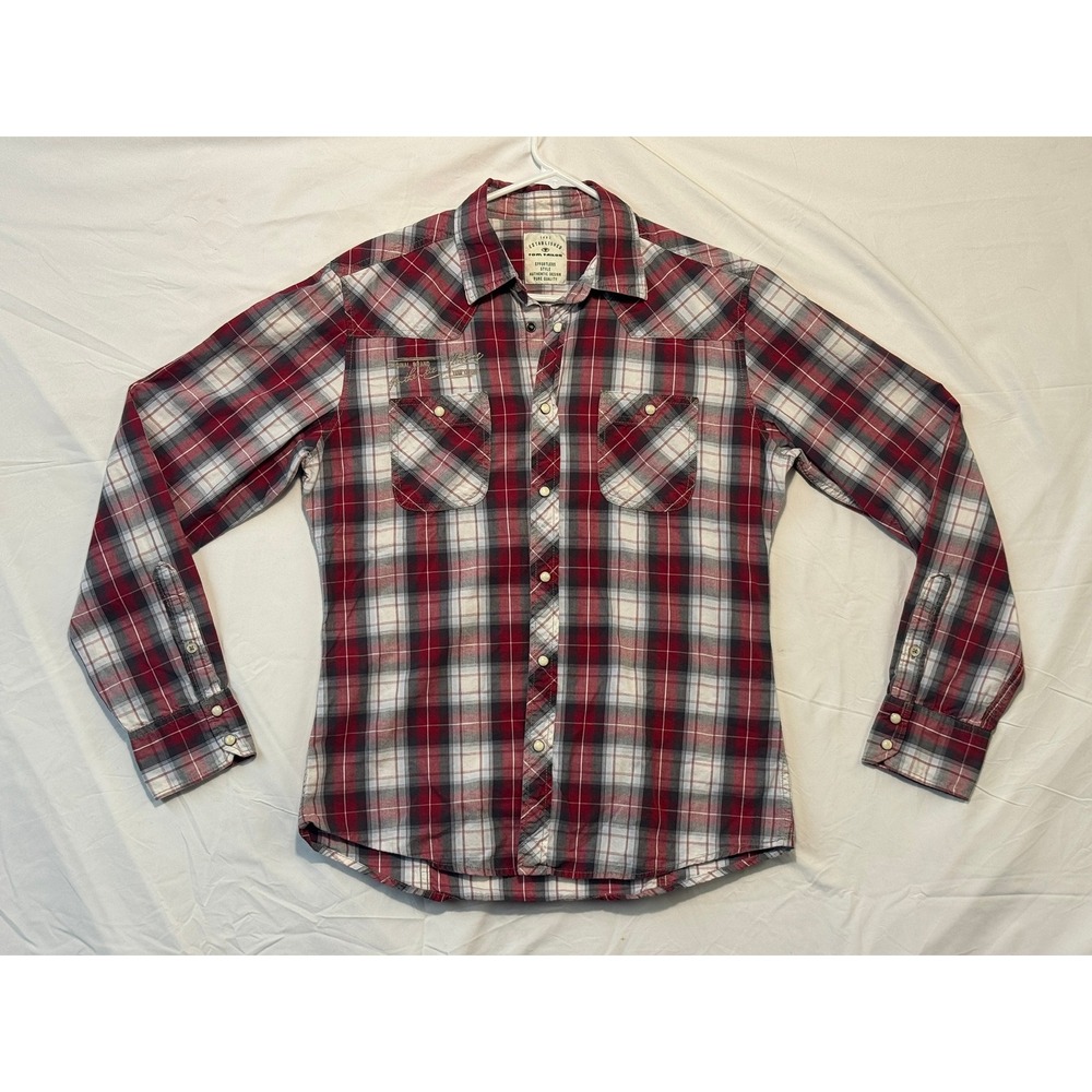 Tom Tailor Mens Red Plaid Pearl Snap Western Shirt Size M Long Sleeve Tailored